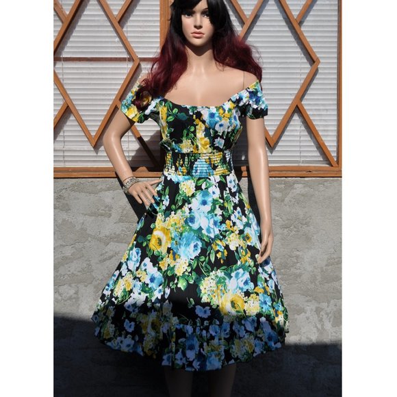 Women's 1950s Vintage Cocktail Dress low shoulder Retro Rockabilly Swing Dress - Picture 1 of 4